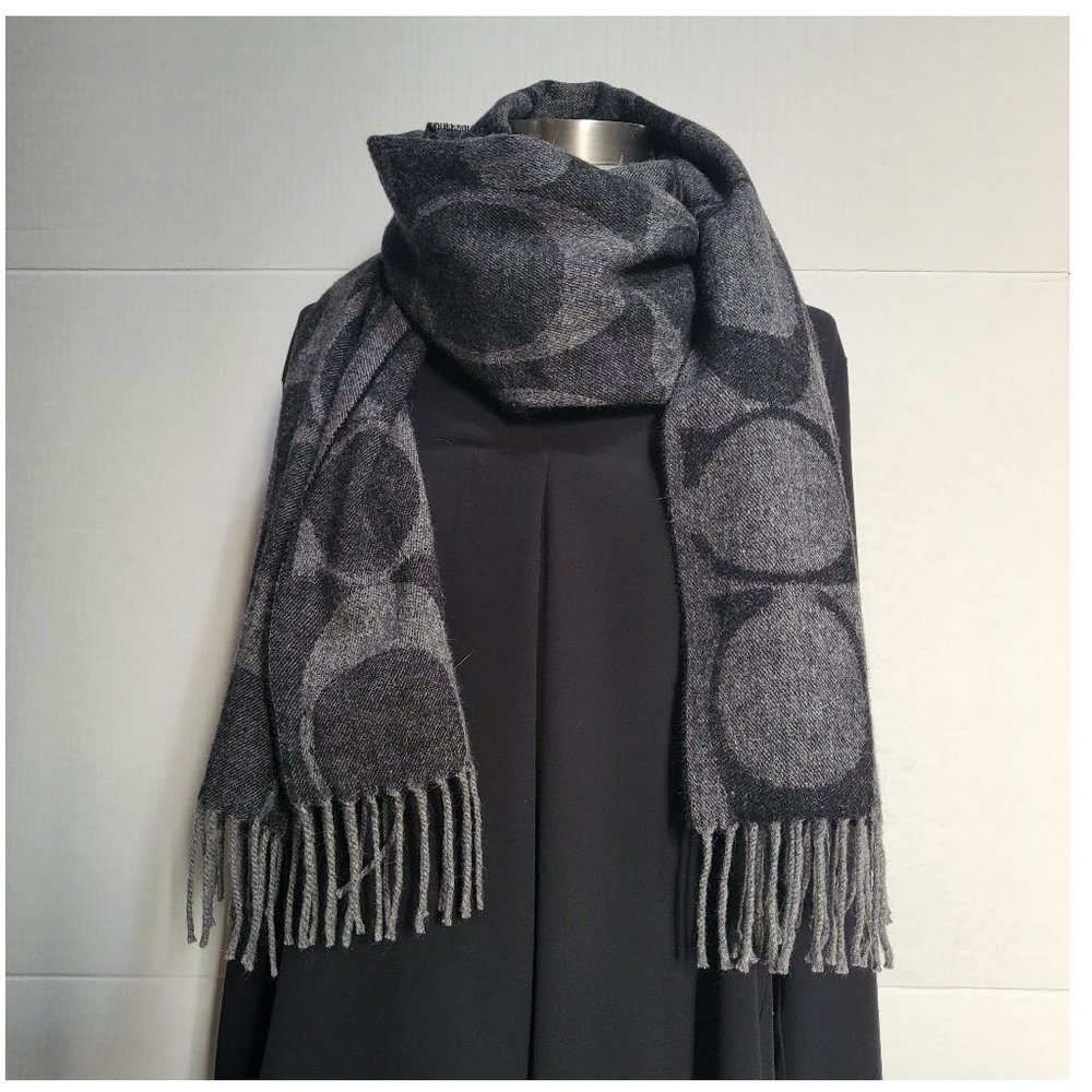Coach Logo Scarf in Gray on Gray Wool/Silk/Angora Rabbit/Cashmere  74" X 20